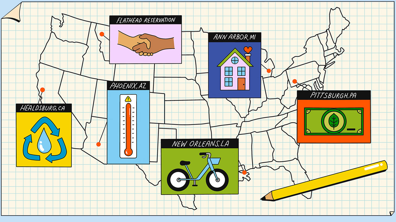 Illustration of a blueprint highlighting six U.S. cities and their climate solutions