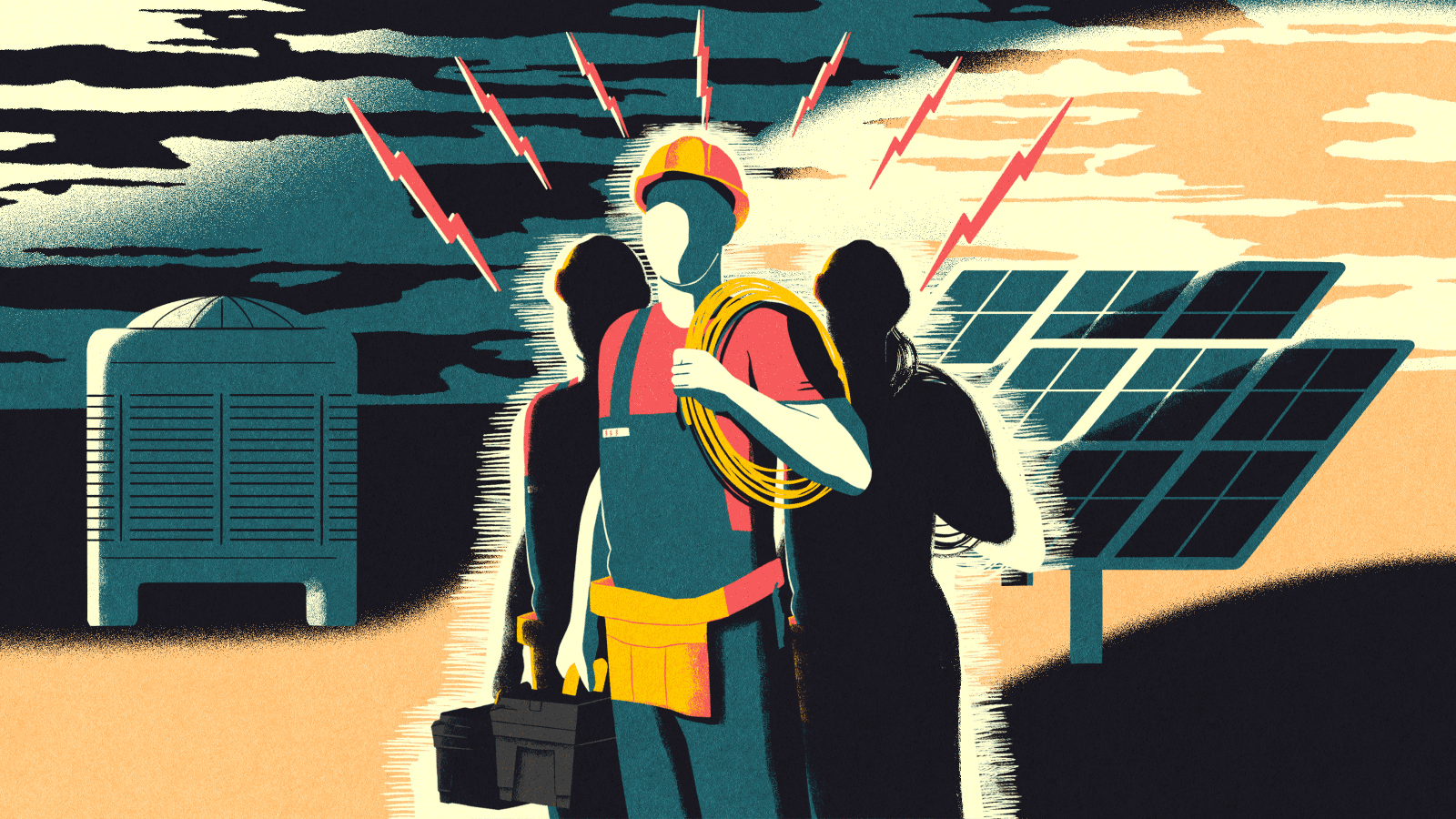 illustration in the style of WPA posters of 3 electricians with electric bolts above them; a heat pump and solar panels in the background