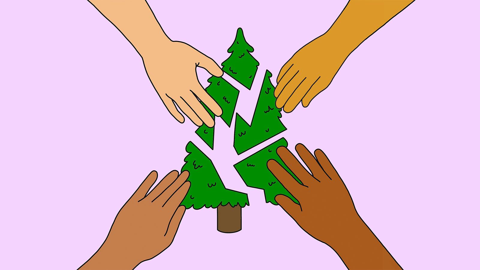 Illustration of four hands piecing together a tree, like a puzzle