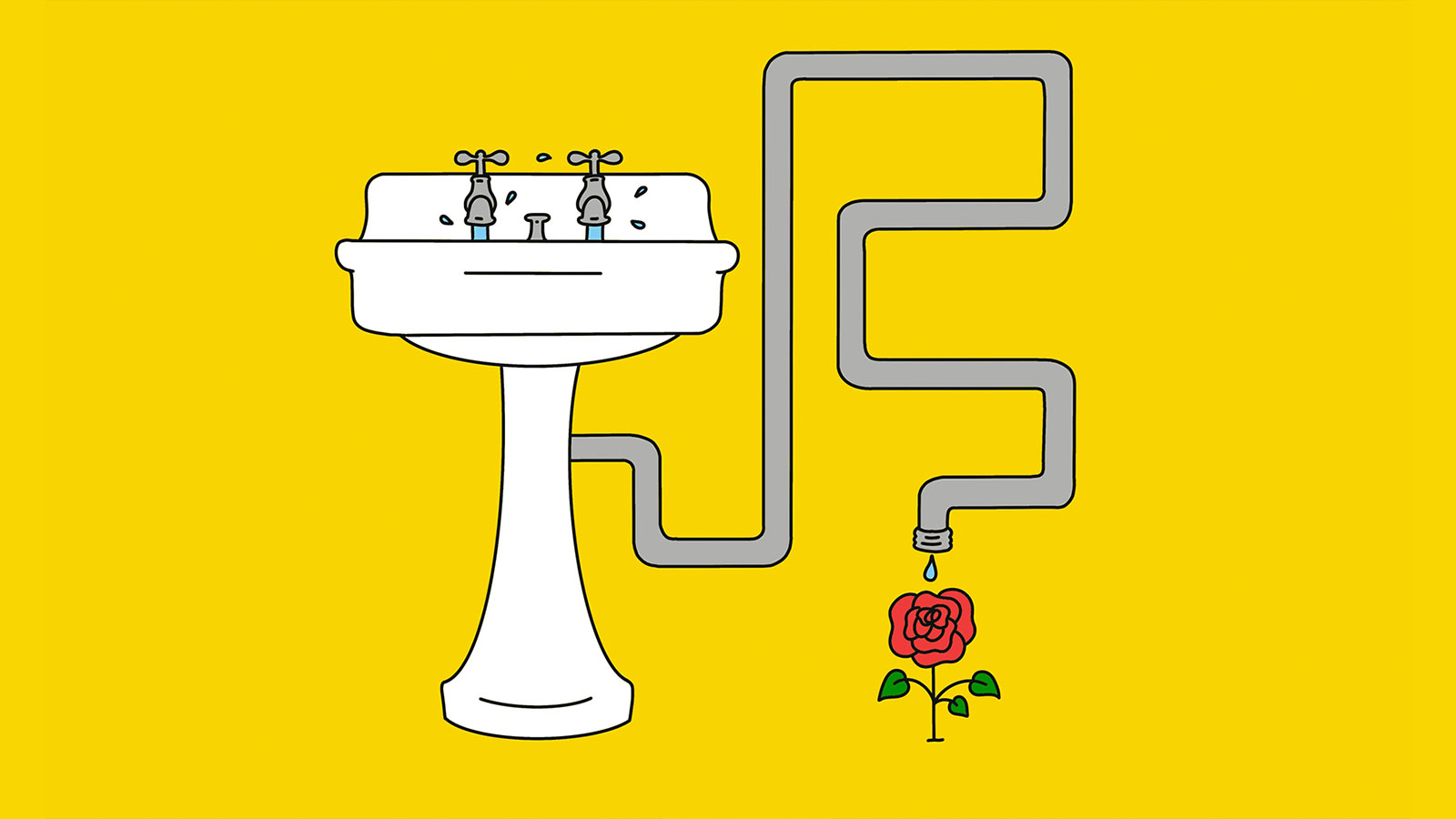 Illustration of sink water flowing through a pipe that leads to a flower waiting to be watered