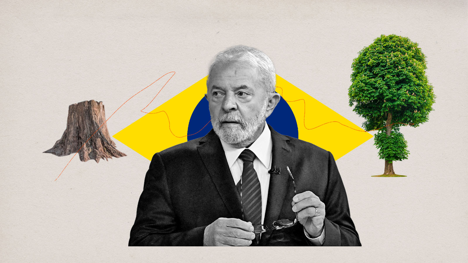 Collage: President of Brazil Luiz Inácio Lula da Silva with yellow diamond and blue circle from Brazil flag behind him; a tree and tree stump on either side