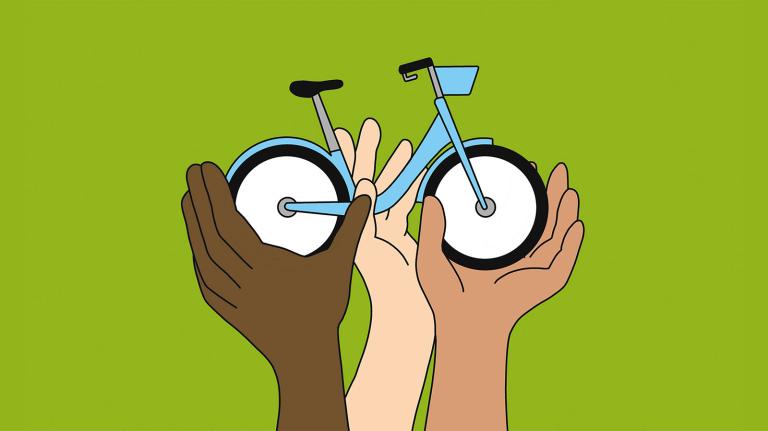 Illustration of hands holding up a blue electric bike