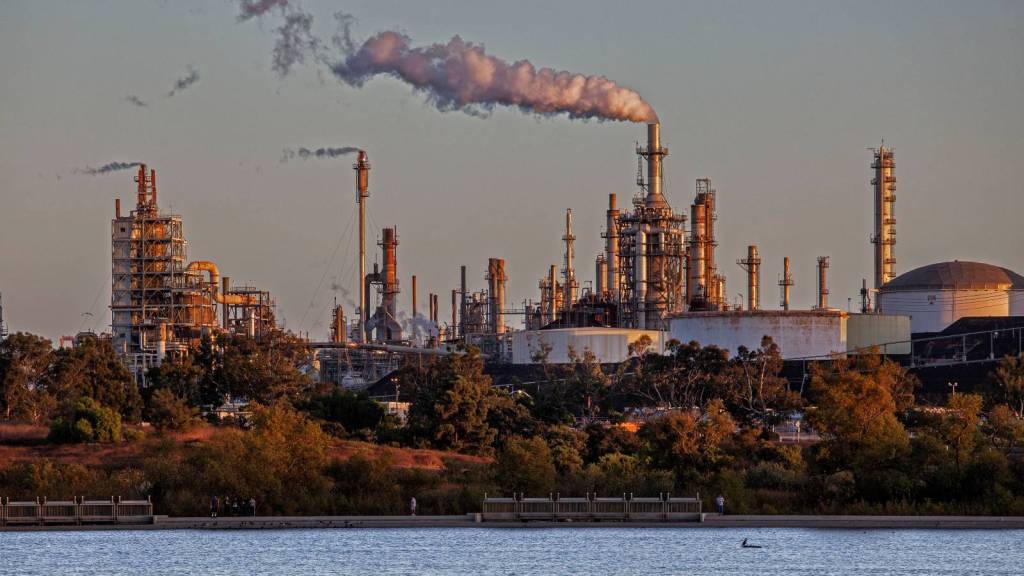 The Phillips 66 oil refinery in Wilmington, California sends pollution into the air