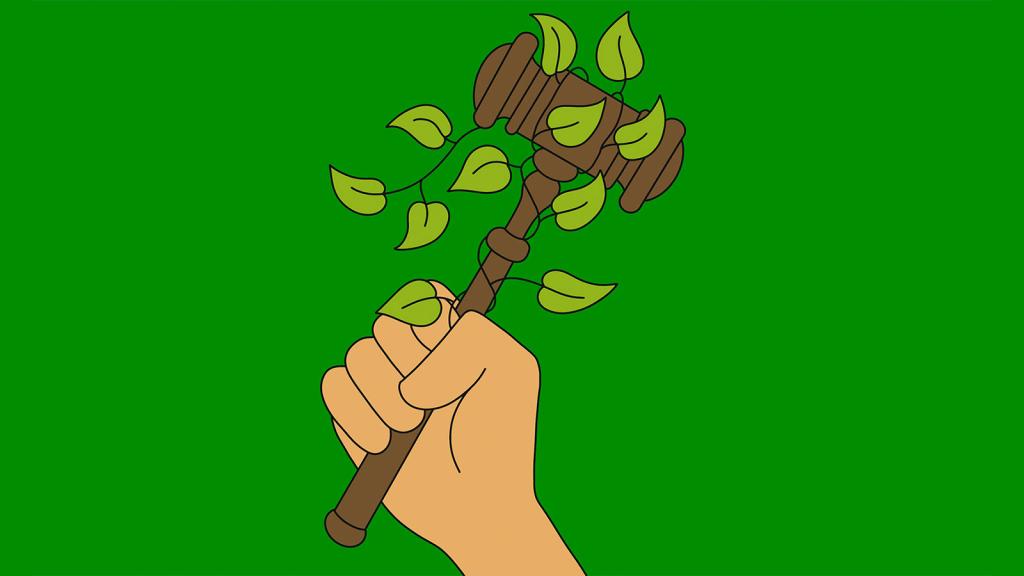 Illustration of a hand holding a gavel, wrapped in leaves