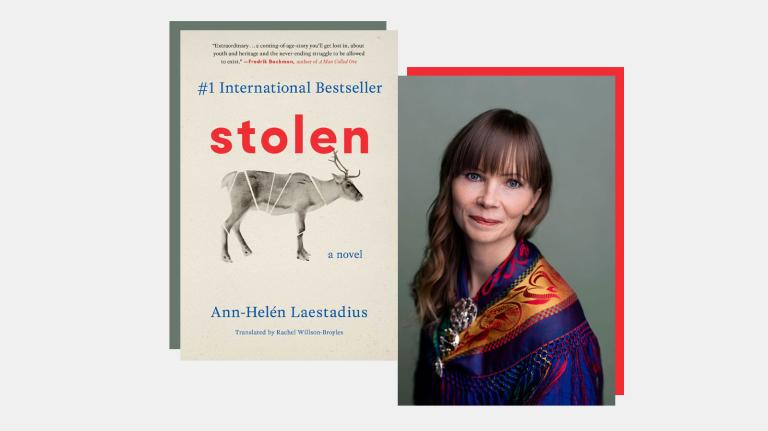Side by side images of the cover of the book "Stolen" and the author, Ann-Helén Laestadius