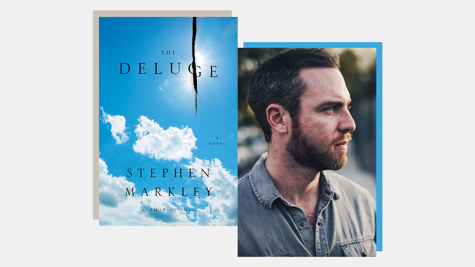 side by side collage of book cover of The Deluge and headshot of author Stephen Markley