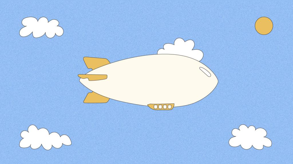 Illustration of airship floating past clouds