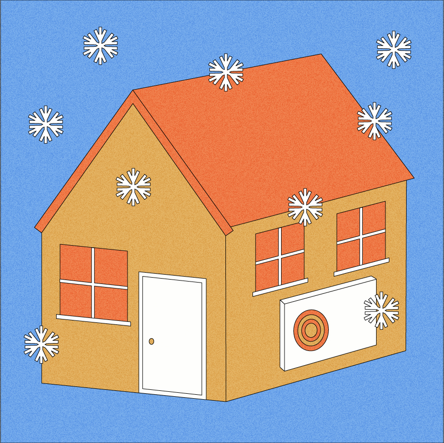 Illustration of yellow and orange house in the snow, with a heat pump on its side keeping it warm
