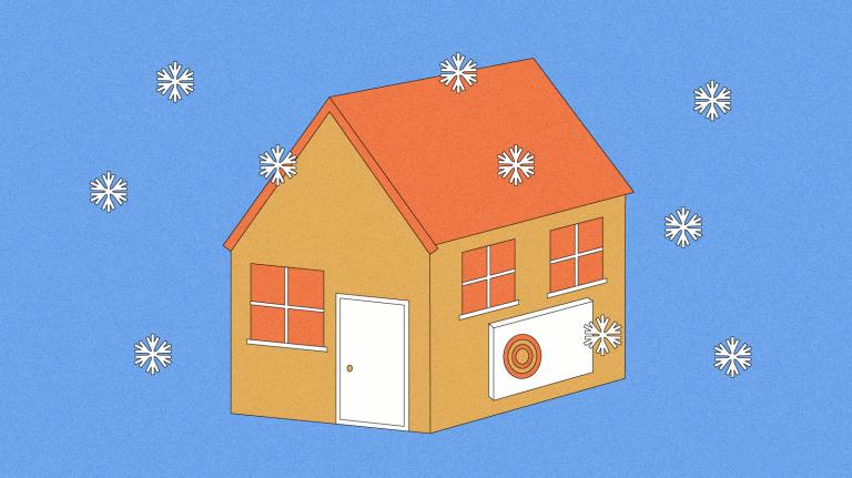 Illustration of yellow and orange house in the snow, with a heat pump on its side keeping it warm