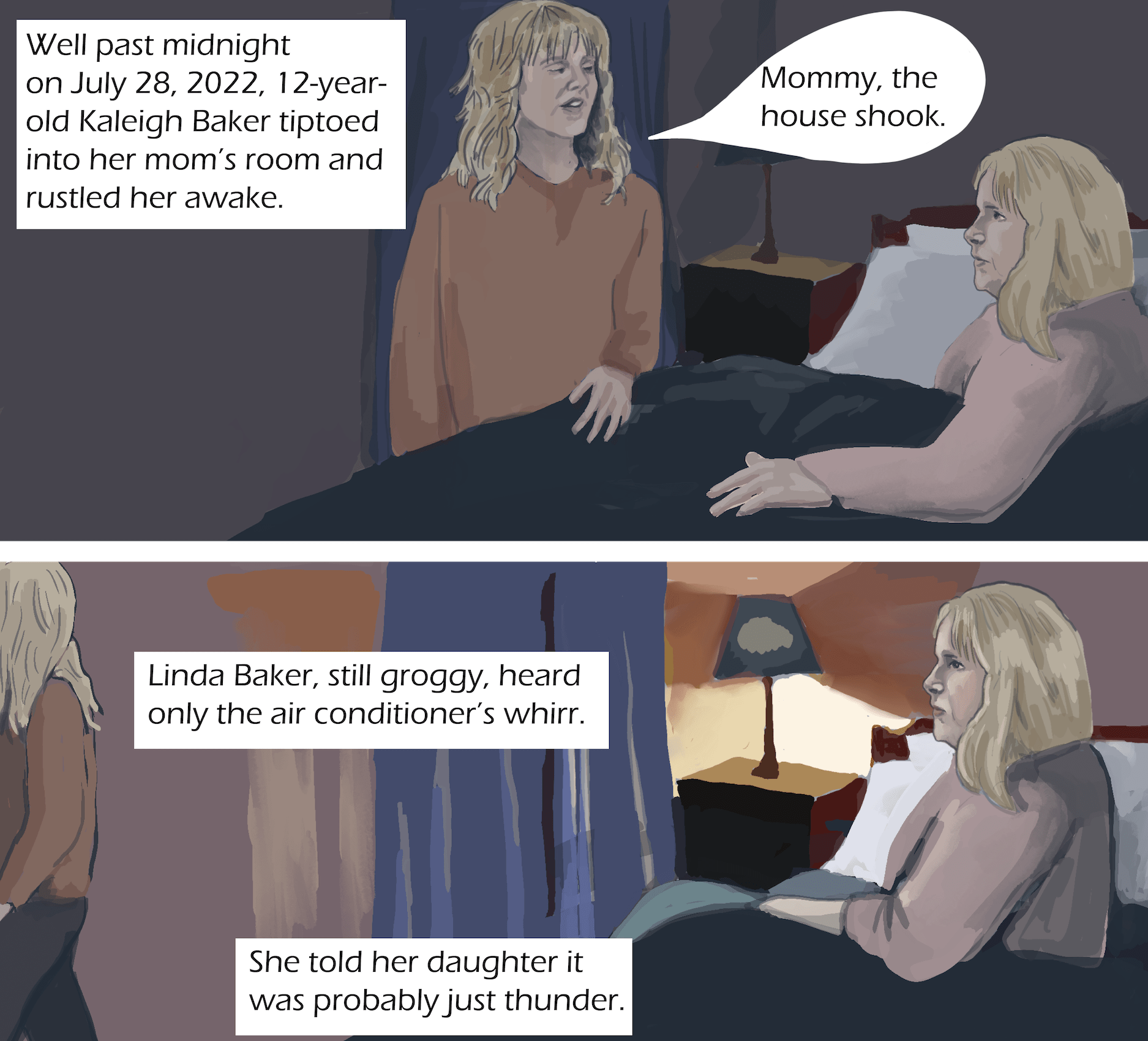 top panel: a blonde adult woman lies in bed. A blonde girl comes up to the side of the bed. Bottom panel: The same adult woman remains in bed, the child walks away from the bed. Text: 1.1. Well past midnight on July 28, 2022, 12-year-old Kaleigh Baker tiptoed into her mom's room and rustled her awake. 1.2 “Mommy, the house shook,” Kaleigh said. Linda Baker, still groggy, heard only the air conditioner’s whirr. She told Kaleigh it was probably just thunder. Kaleigh crept back upstairs