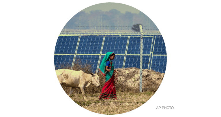 A Karbi tribal woman whose agriculture land had been transfered to build a solar power plant grazes her cow near the plant in Mikir Bamuni village, Nagaon district, northeastern Assam state, India
