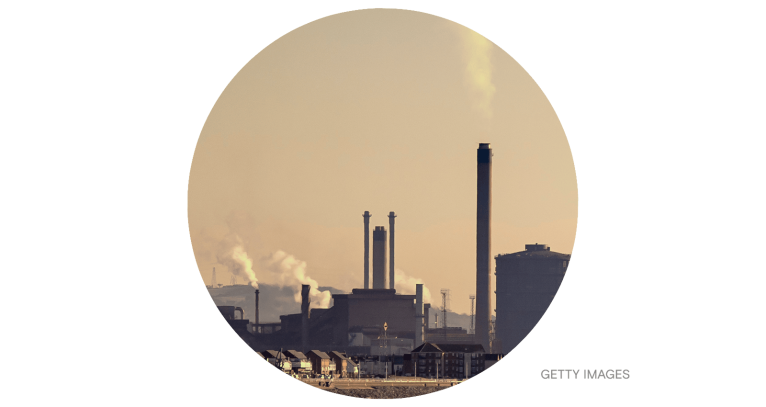 Tata Steel steelworks at sunset in Port Talbot, Wales.