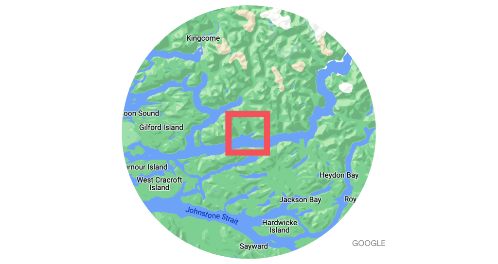 Google map showing the Indigenous Protected and Conserved Area at Gwaxdlala / Nalaxdlala