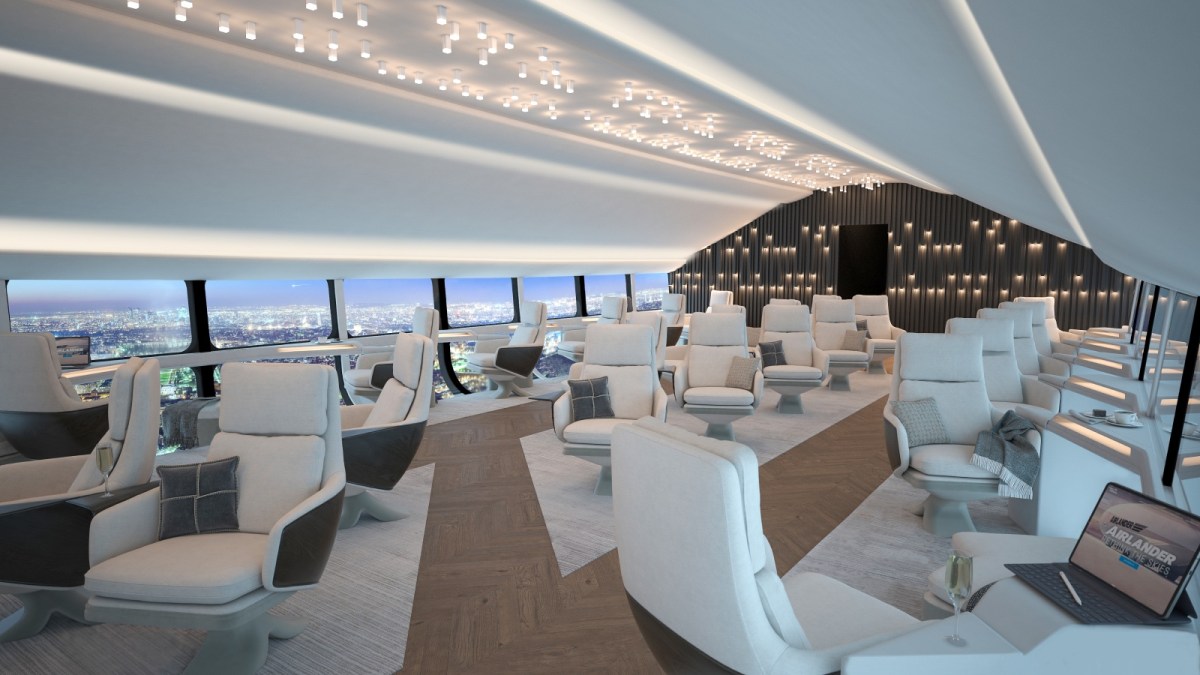 The interior of the Airlander 10, with comfortable clusters of lounge seats configured to seat 72 passengers.
