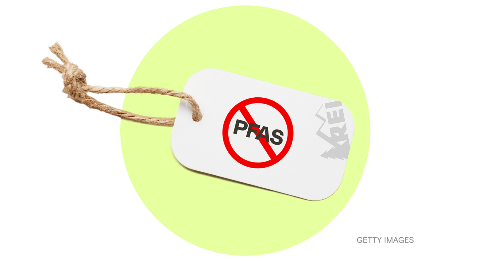 Illustration of a clothing tag with a No PFAS sign