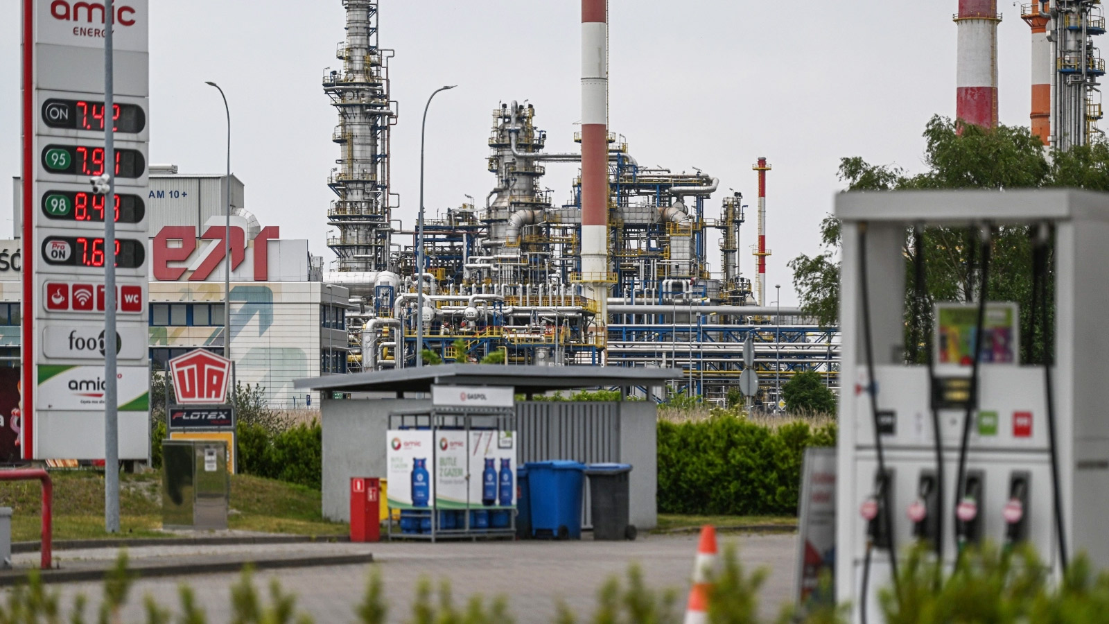 The LOTOS Oil Refinery and a nearby gas station in Gdansk, Poland.
