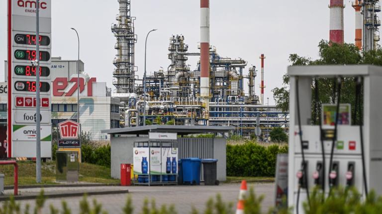 The LOTOS Oil Refinery and a nearby gas station in Gdansk, Poland.