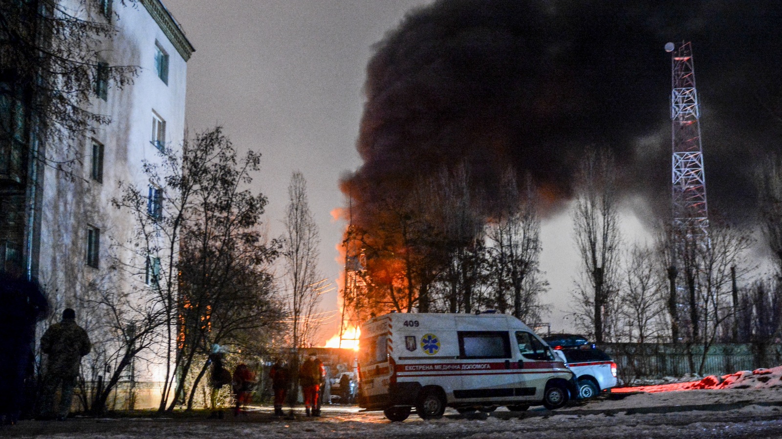 Power infrastructure burns in Kyiv