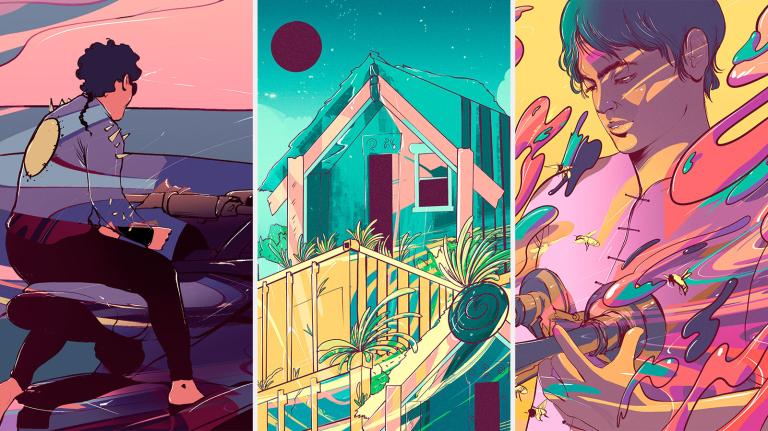 Side-by-side image of the three featured story's illustrations