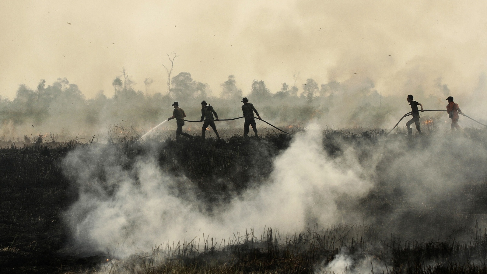photo of people putting out a fire in a grassy, smoky field