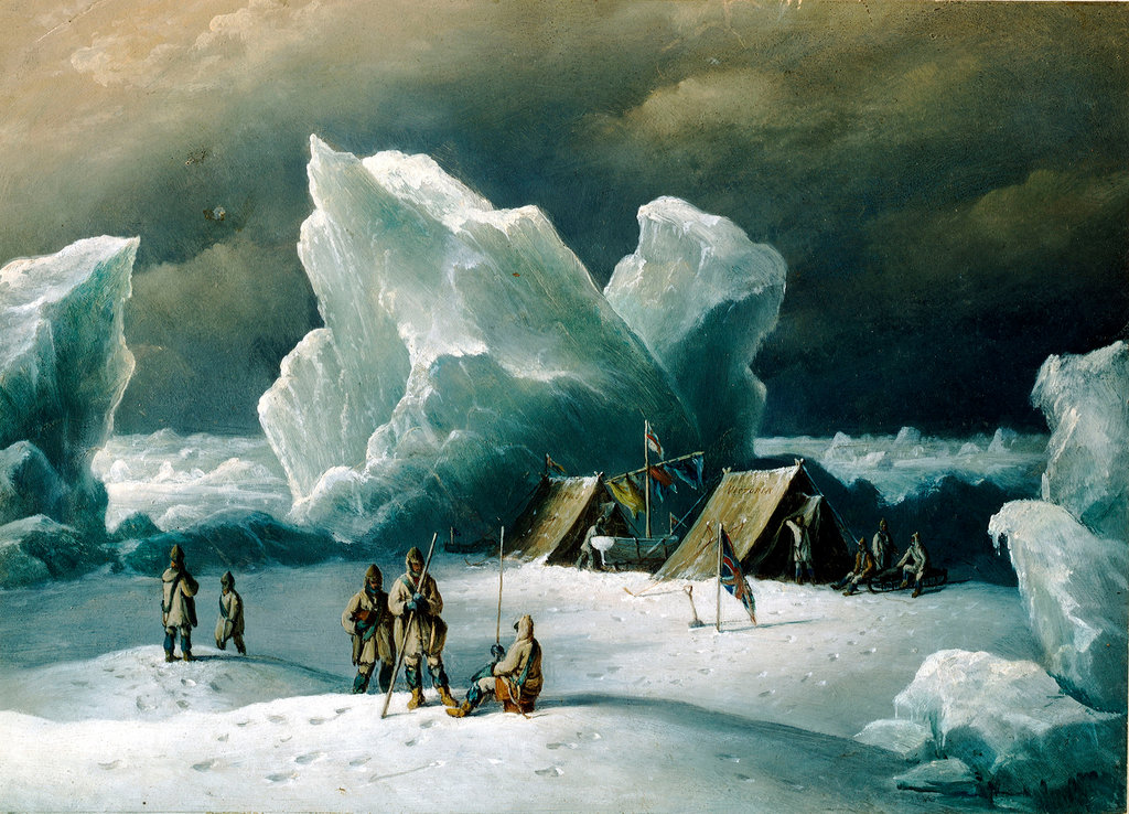 an oil painting of an icy scene with men, tents, and glaciers