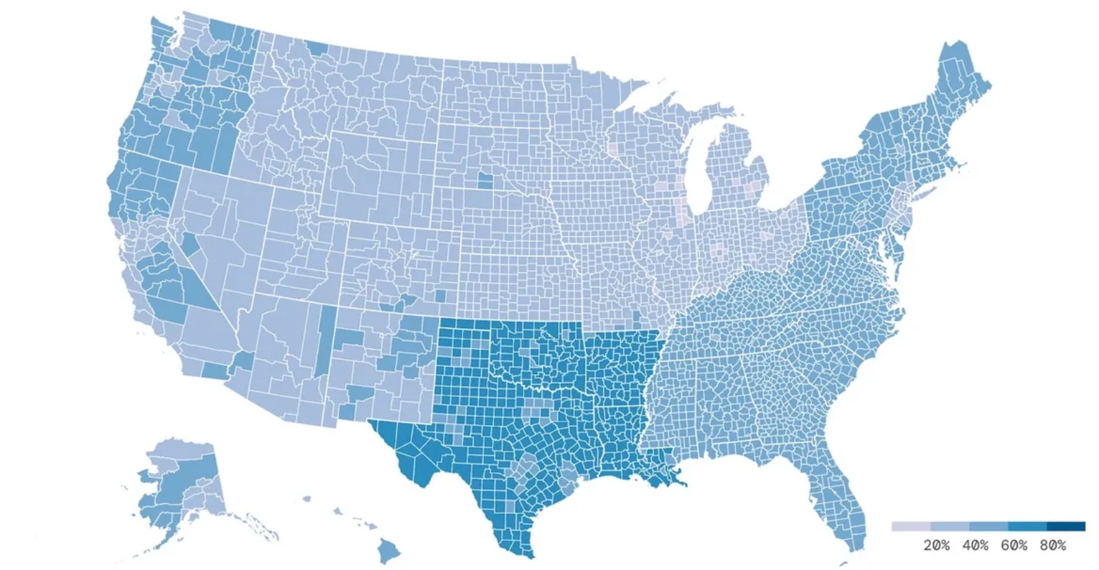 A map of the US with a blue grid showing percentages between 20 and 80%.
