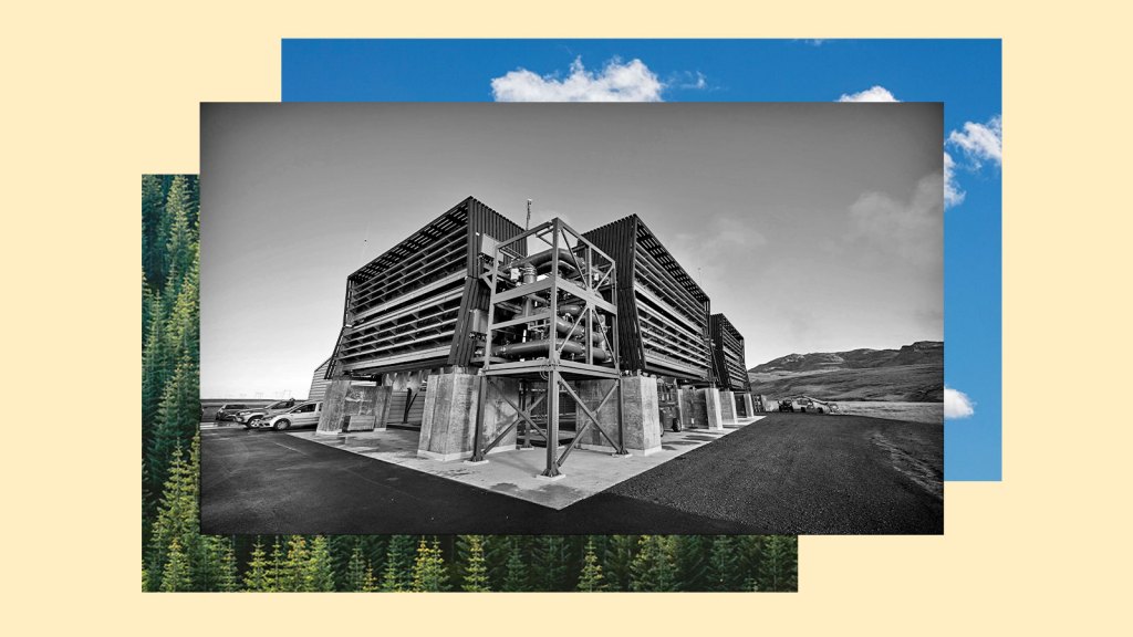 Black and white photo of carbon removal equipment with photos of trees and blue sky behind it