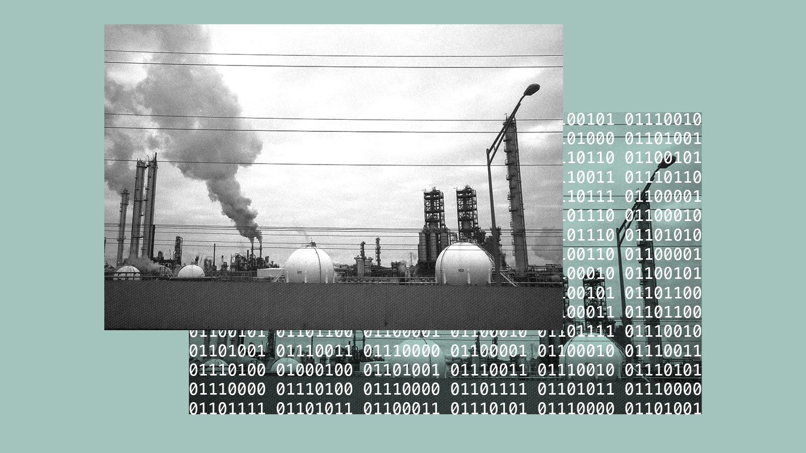 black and white photo of oil refinery, with binary text under photo on blue background