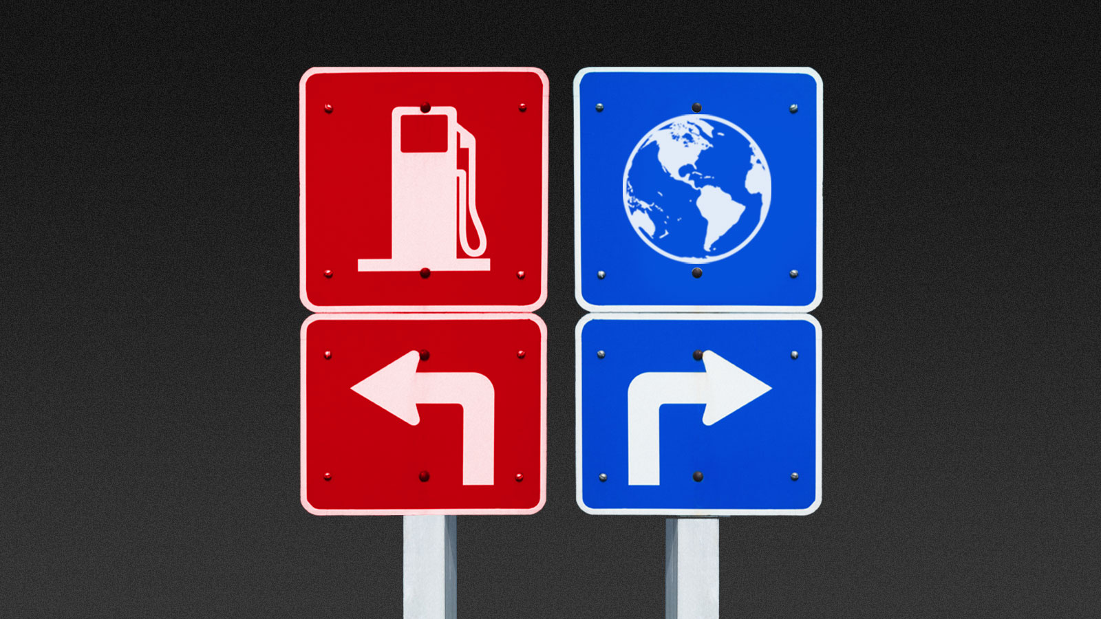 Red road sign with symbol for gasoline and an arrow pointing left next to blue road sign with symbol of Earth and arrow pointing right