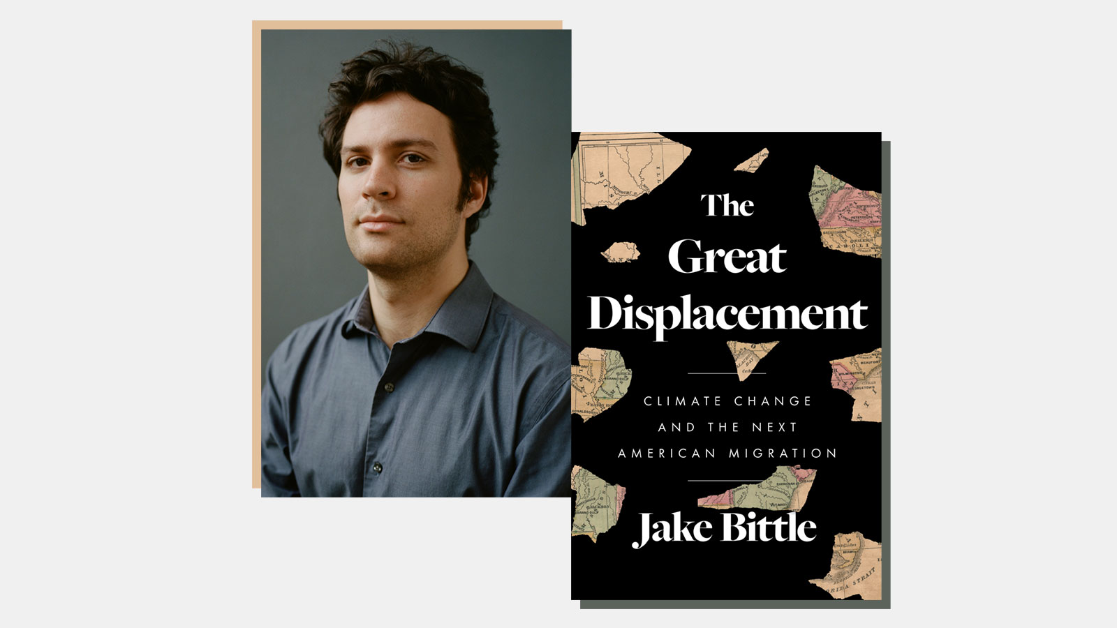 a photo of a man in a gray button up shirt on th left and a book cover called the great displacement on the right