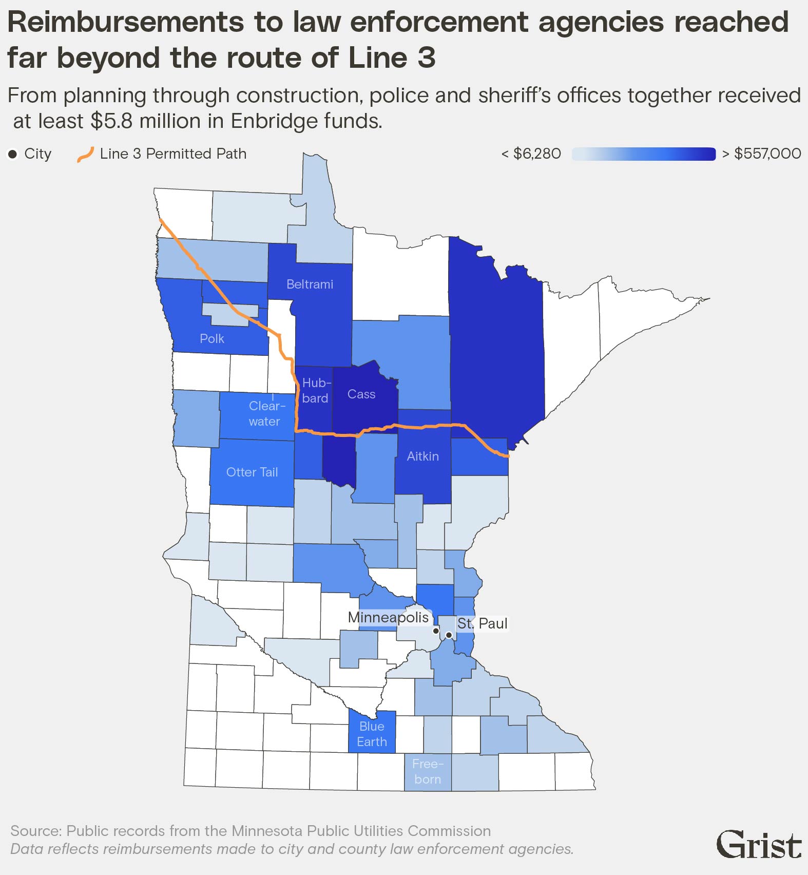 A choropleth map of Minnesota shows counties where Enbridge invested the most in local law enforcement. Some counties are in the southern part of the state, far from the route of Line 3.