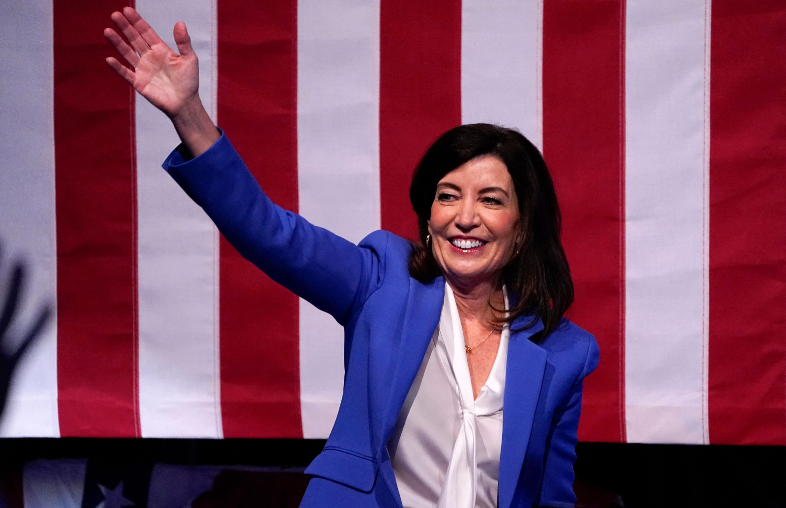 New York State Governor Kathy Hochul waves during an election night event at at the Capitale in New York City on November 8, 2022.