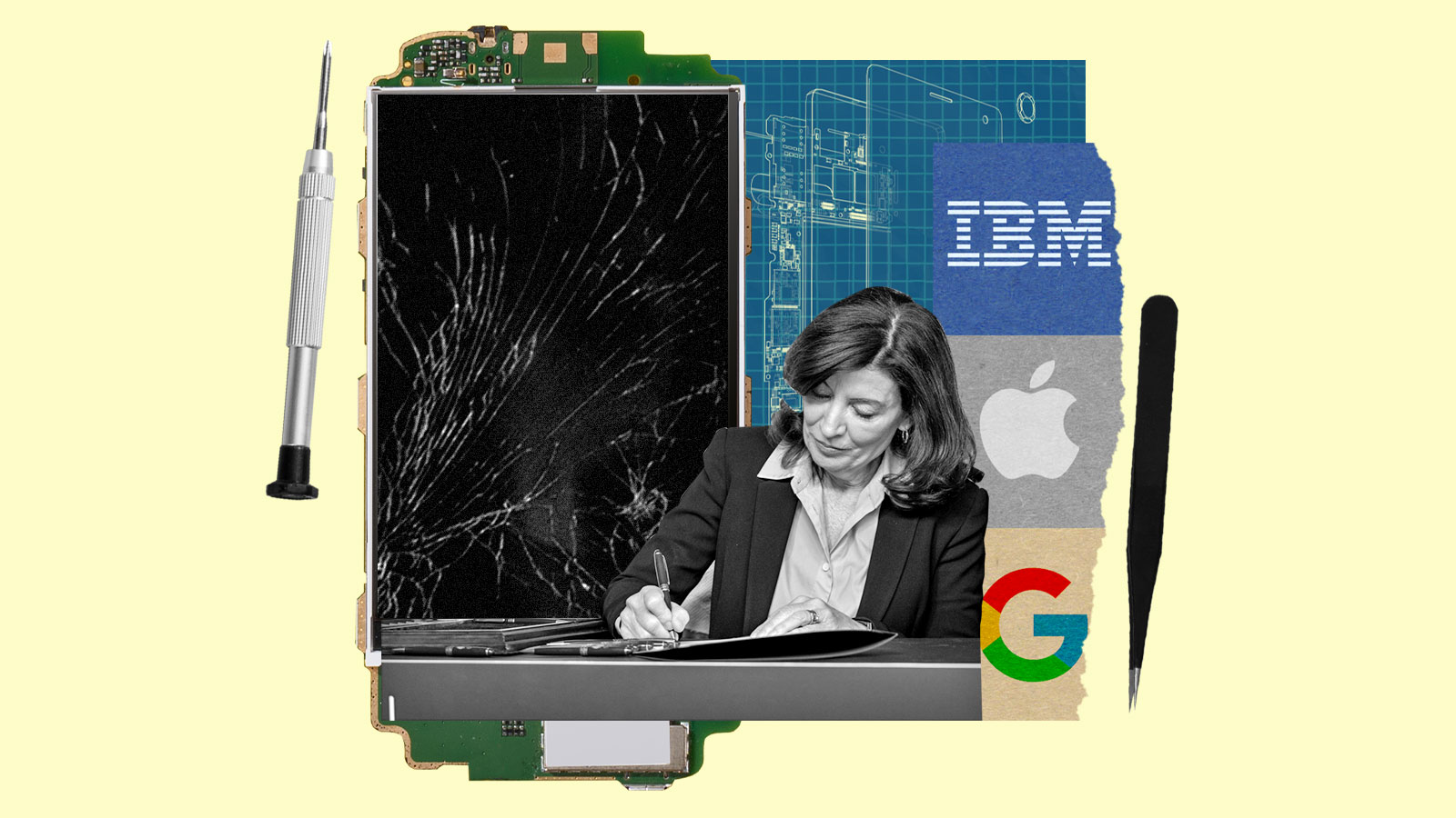 Collage: broken cell phone, screwdriver and tweezers, blueprint of cell phone, IBM, Apple, and Google logos, and Governor Kathy Hochul signing a document