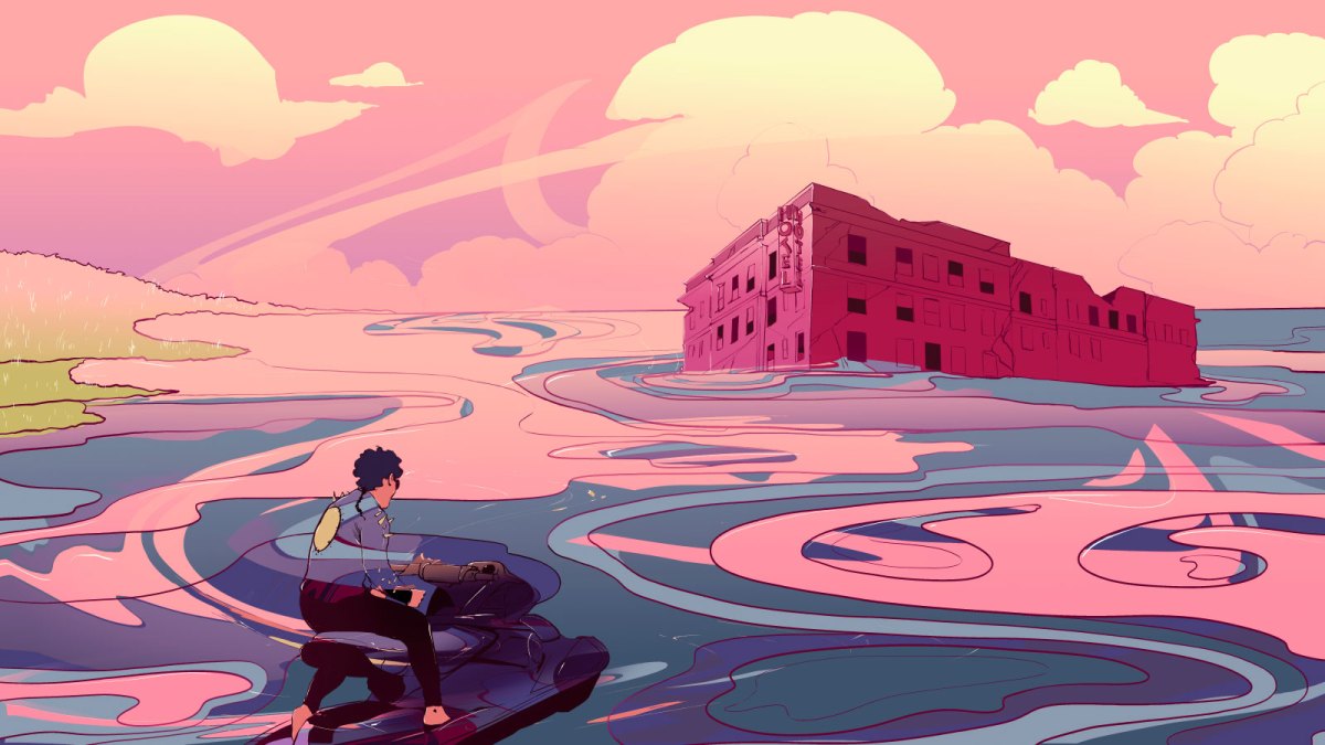 Illustration of a man on a jet ski. He is looking at a faded pink hotel that just pokes up above the water's surface.