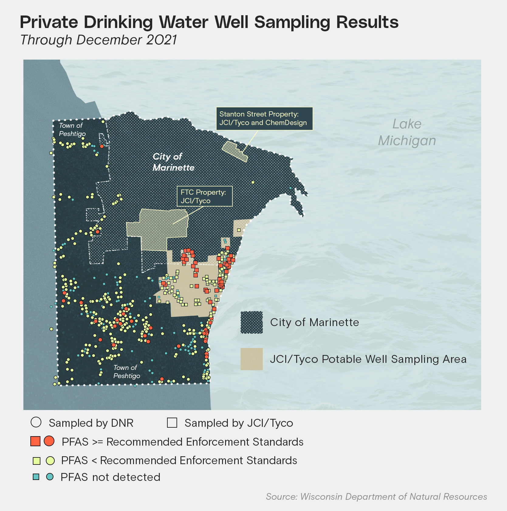 Map showing PFAs levels in private drinking water wells in the city of Marinette and town of Peshtigo in Wisconsin