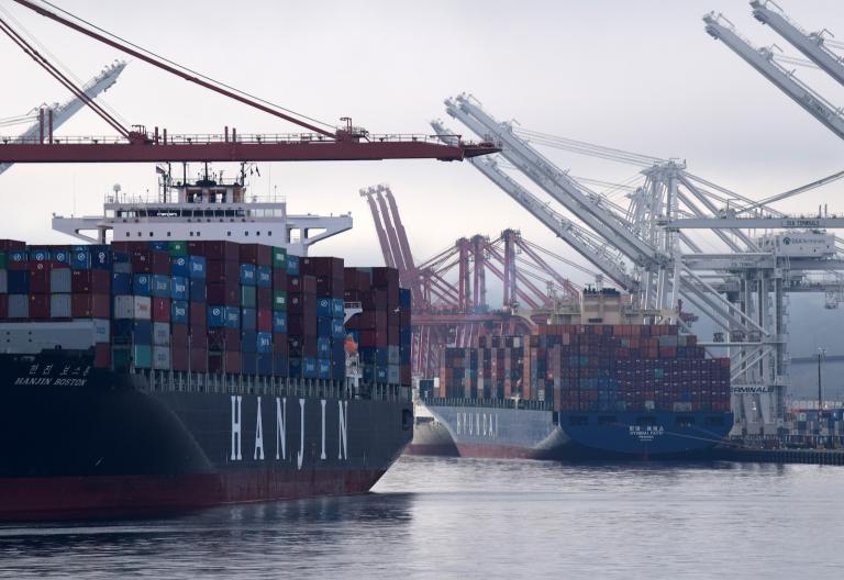 Cargo ships docked in the Port of Seattle