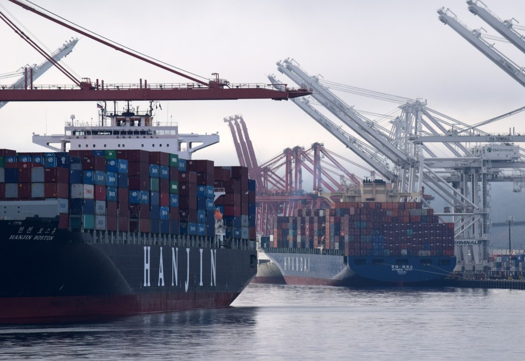 Cargo ships docked in the Port of Seattle