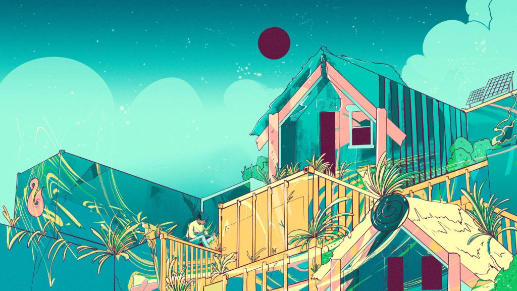Illustration of a young Maori man sitting on the roof of a shipping container home.