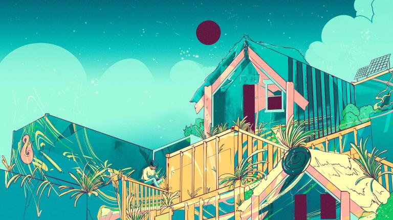 Illustration of a young Maori man sitting on the roof of a shipping container home.