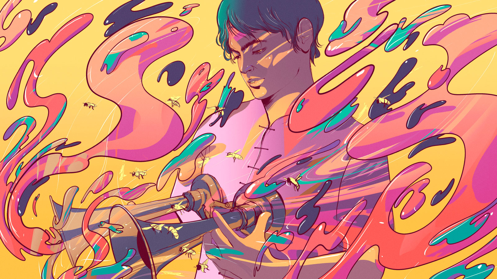 Illustration of a young South Asian man holding an antique brass horn that once was mounted on a ship. He stands against a vibrant backdrop of swirling colors.
