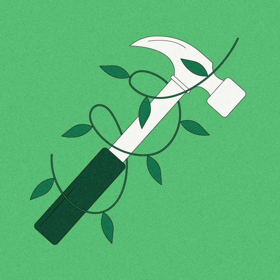 Illustration of hammer wrapped in leafy vine on green background