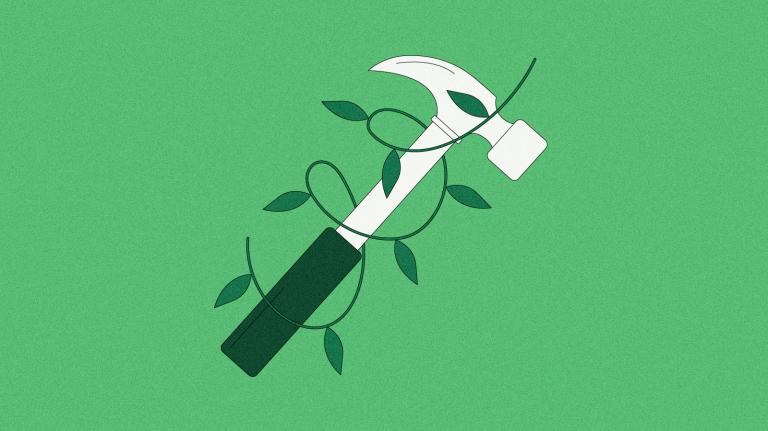 Illustration of hammer wrapped in leafy vine on green background