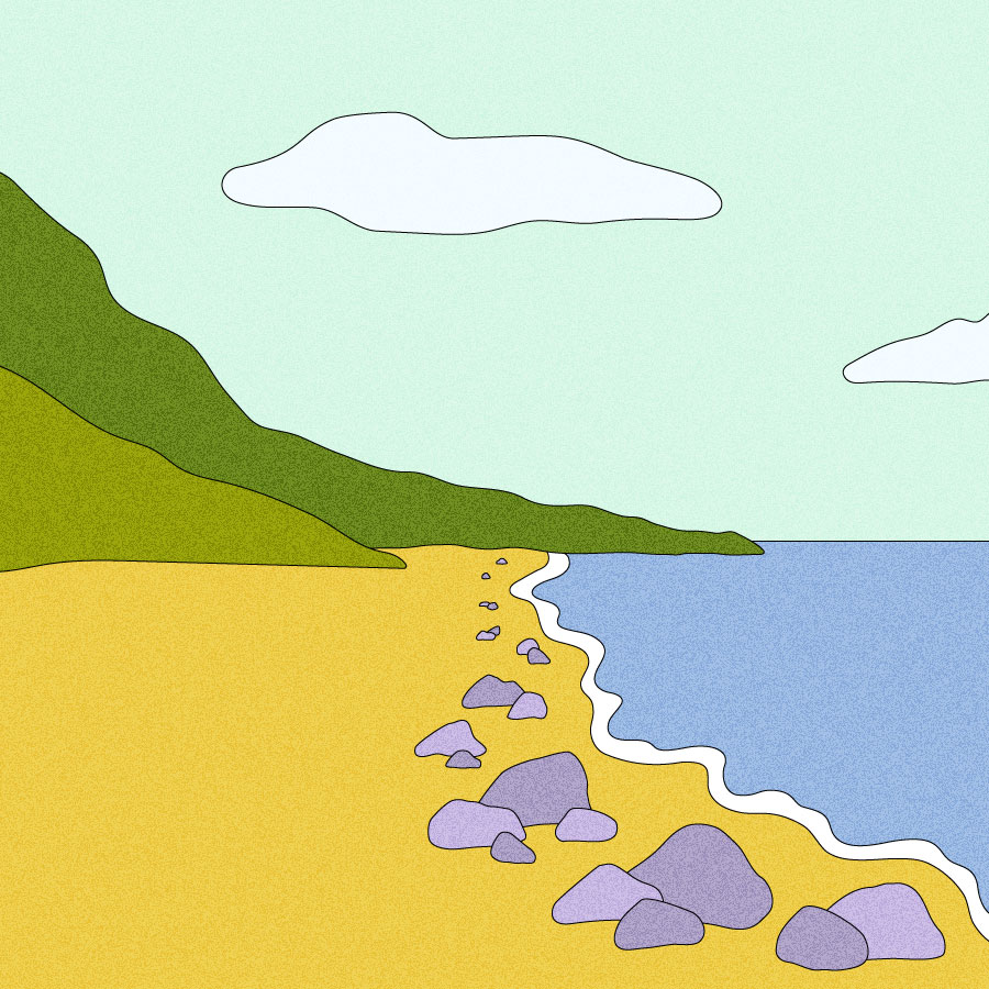 Illustration of shore with rocks along the water