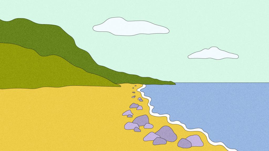 Illustration of shore with rocks along the water