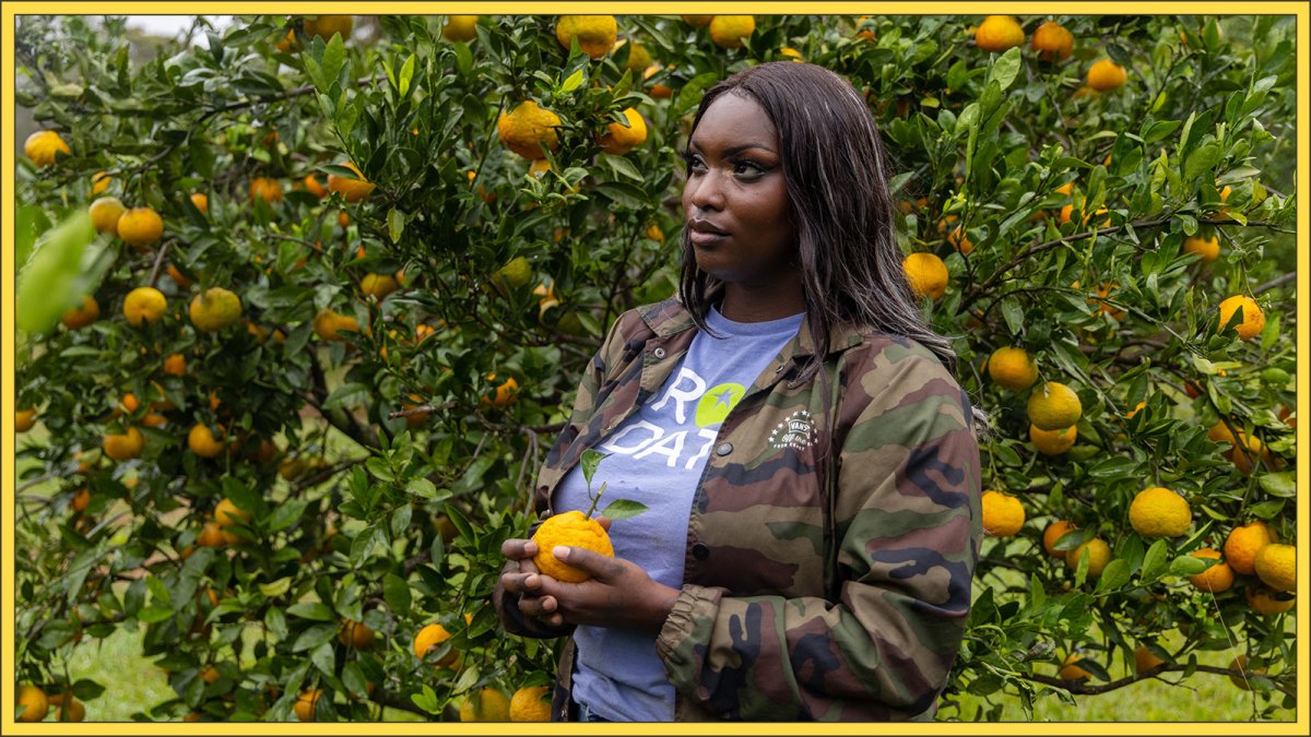 Jonshell Johnson-Whitten stands in front of a satsuma tree, holding a satsuma in her hand