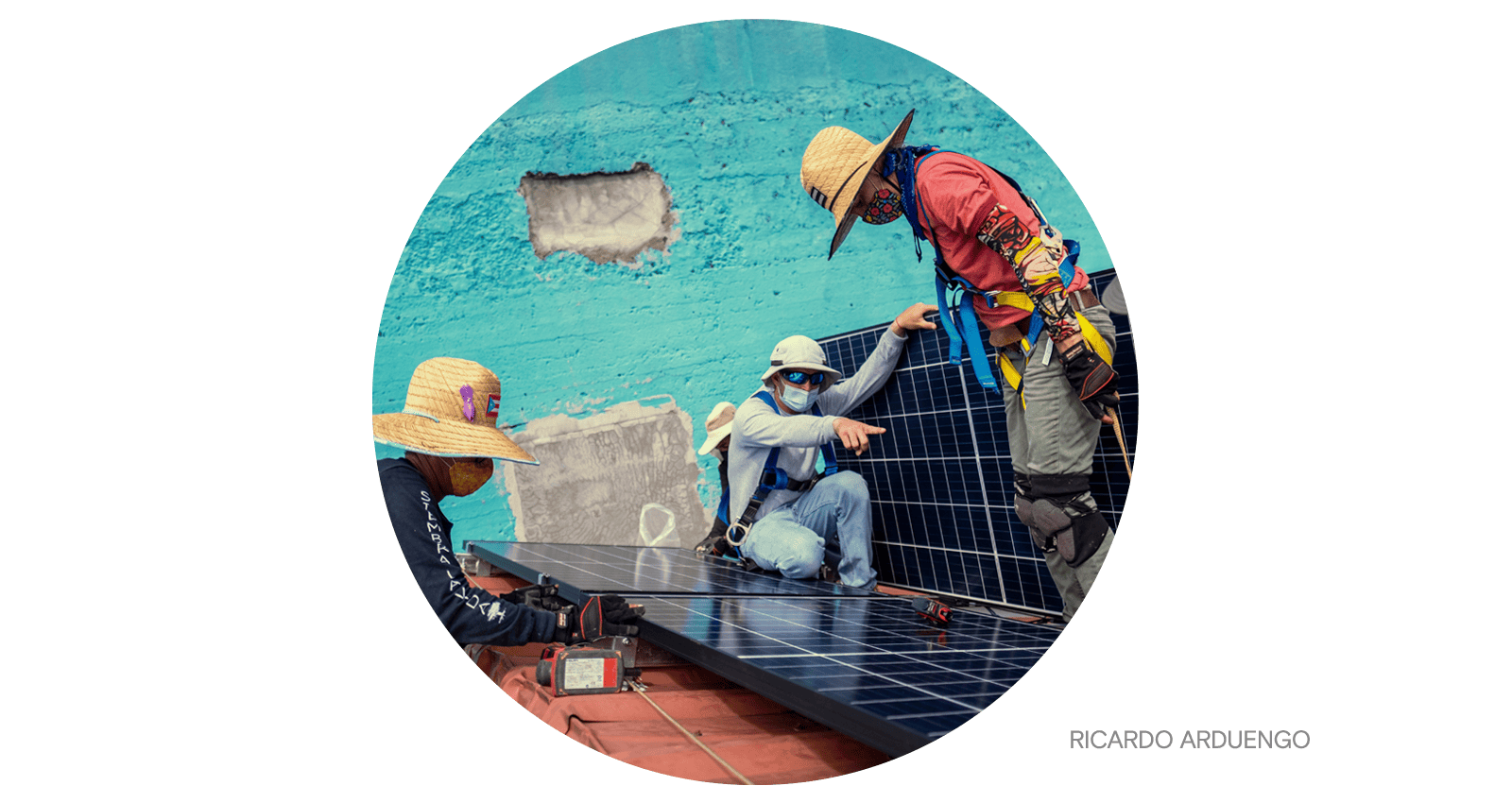 Workers install the solar microgrid in Adjuntas