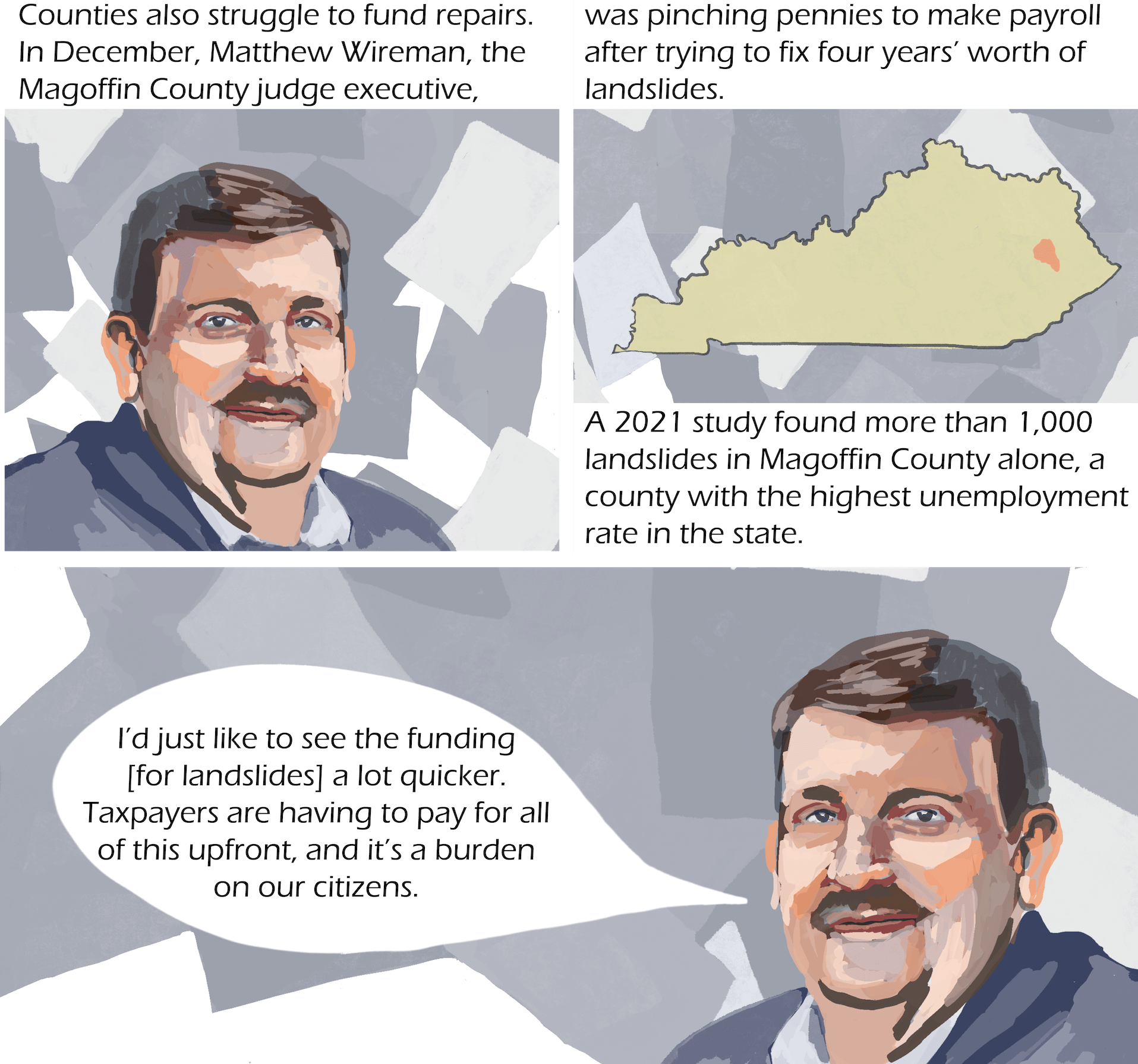Three images: a man with a moustache in panels one and three, in panel two an outline of the state of Kentucky. Text: Counties also struggle to fund repairs. In December, Matthew Wireman, the Magoffin County judge executive, was pinching pennies to make payroll after trying to fix four years’ worth of landslides: A 2021 study found more than 1,000 landslides in Magoffin alone, a county with the highest unemployment rate in the state. Matthew Wireman: “I’d just like to see the funding [for landslides] a lot quicker. Taxpayers are having to pay for all of this upfront, and it’s a burden on our citizens.”