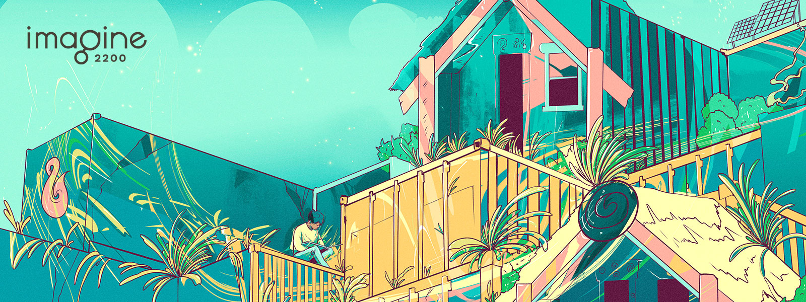 Illustration of a young Maori man sitting on the roof of a shipping container home.