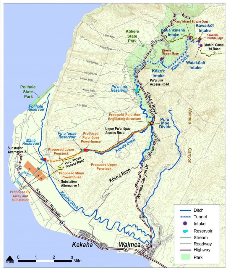 A map of a proposed energy project shows various lines along Kauai.