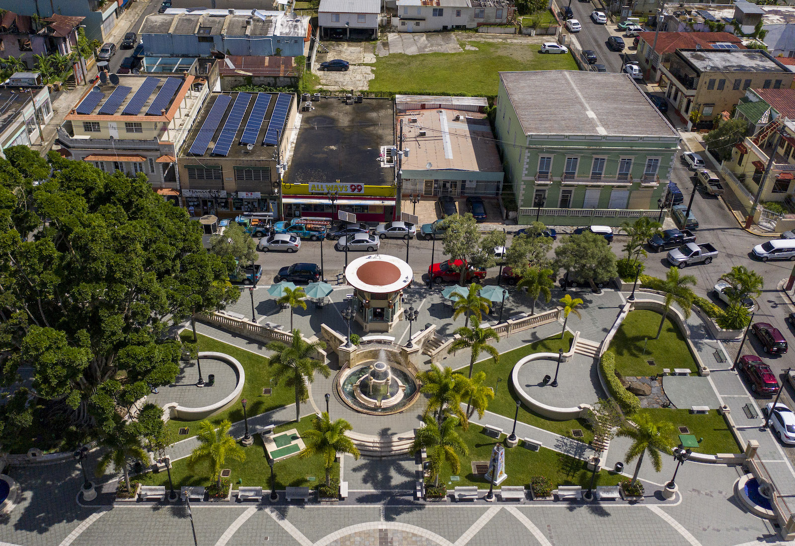 Aerial view of Adjuntas' central plaza